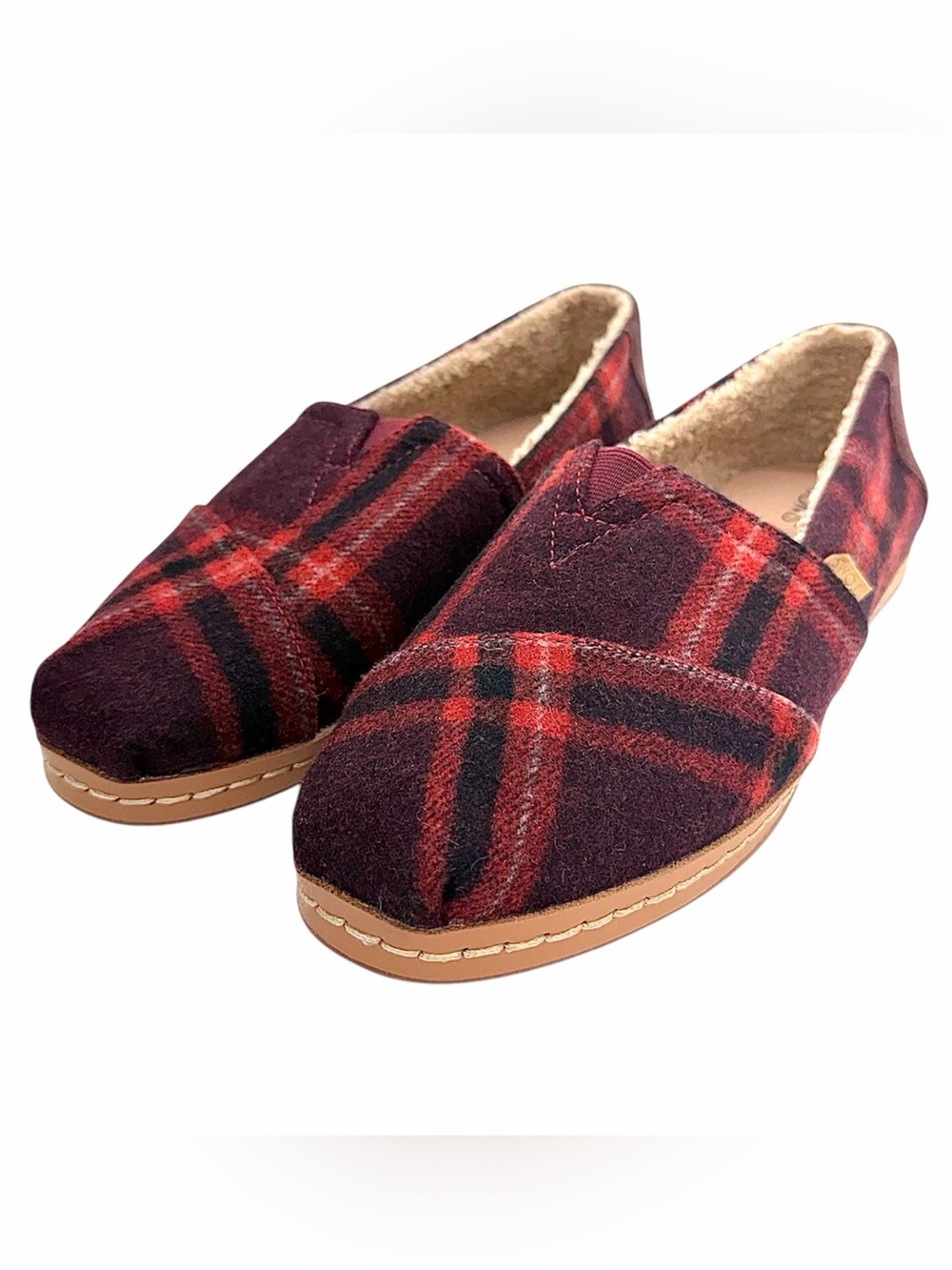 NWOT Toms Red Plaid Alpargatas Leather Wrap Faux Shearling | Women’s Size 8